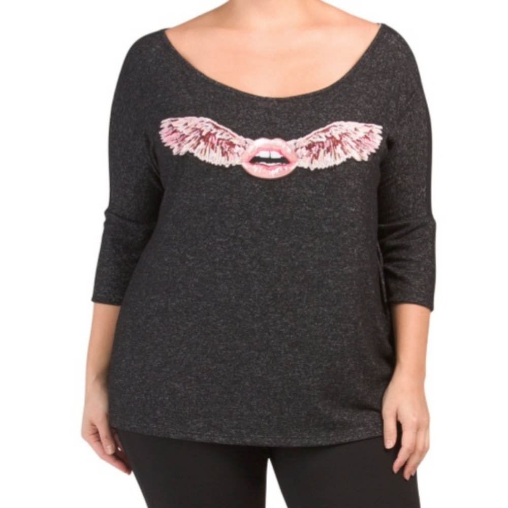 Melissa Masse Tunic Top 3/4 Sleeve Black Wing Lips Plus Size 2X New